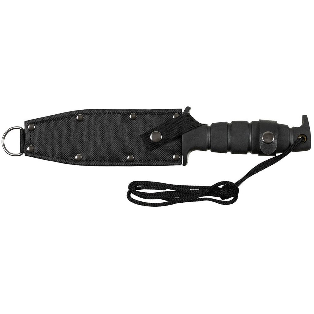 Cuchillo piloto PILOT negro con hoja ennegrecida y funda de cuero con cinta de nylon