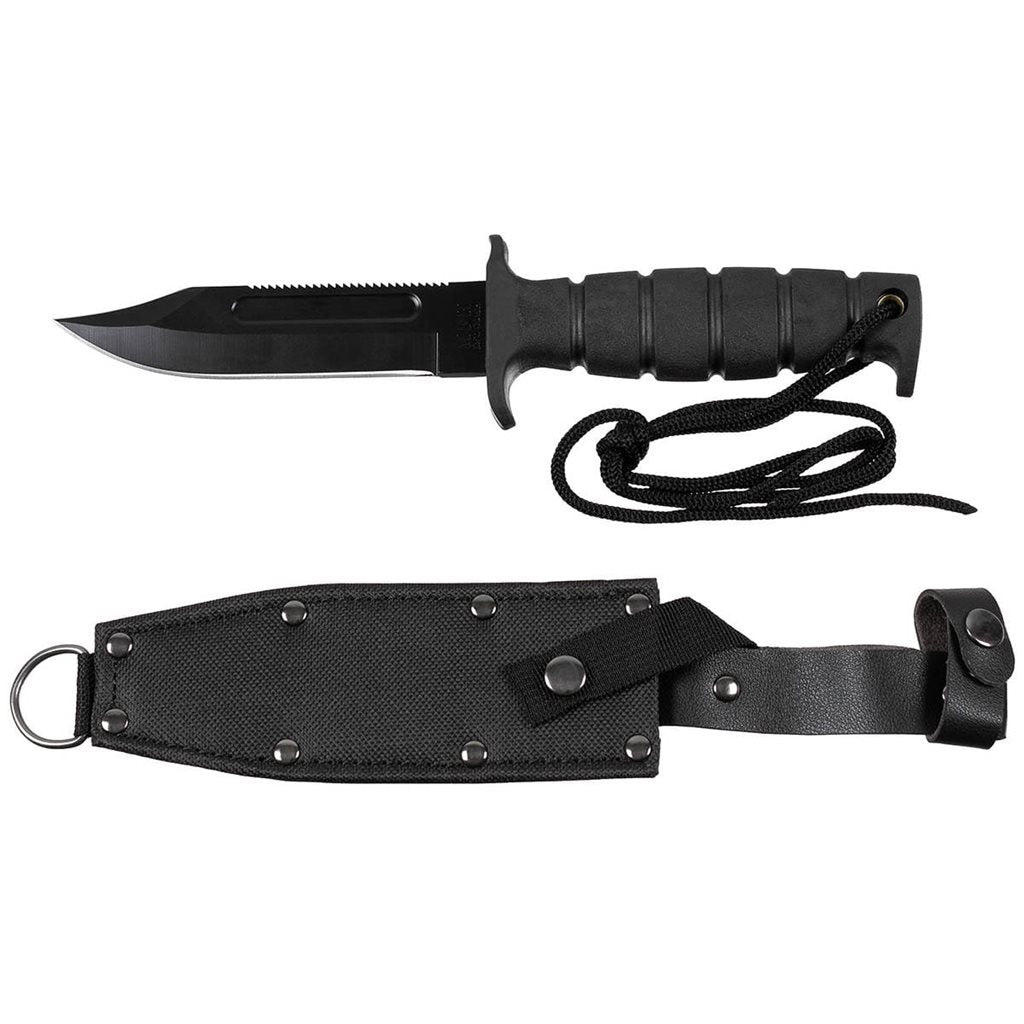 Cuchillo piloto PILOT negro con hoja ennegrecida y funda de cuero con cinta de nylon