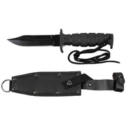 Cuchillo piloto PILOT negro con hoja ennegrecida y funda de cuero con cinta de nylon