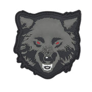 Parche 3D plástico lobo con ojos rojos y velcro, tamaño aprox. 8,5 x 9 cm