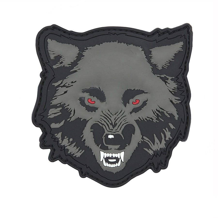 Parche 3D plástico lobo con ojos rojos y velcro, tamaño aprox. 8,5 x 9 cm
