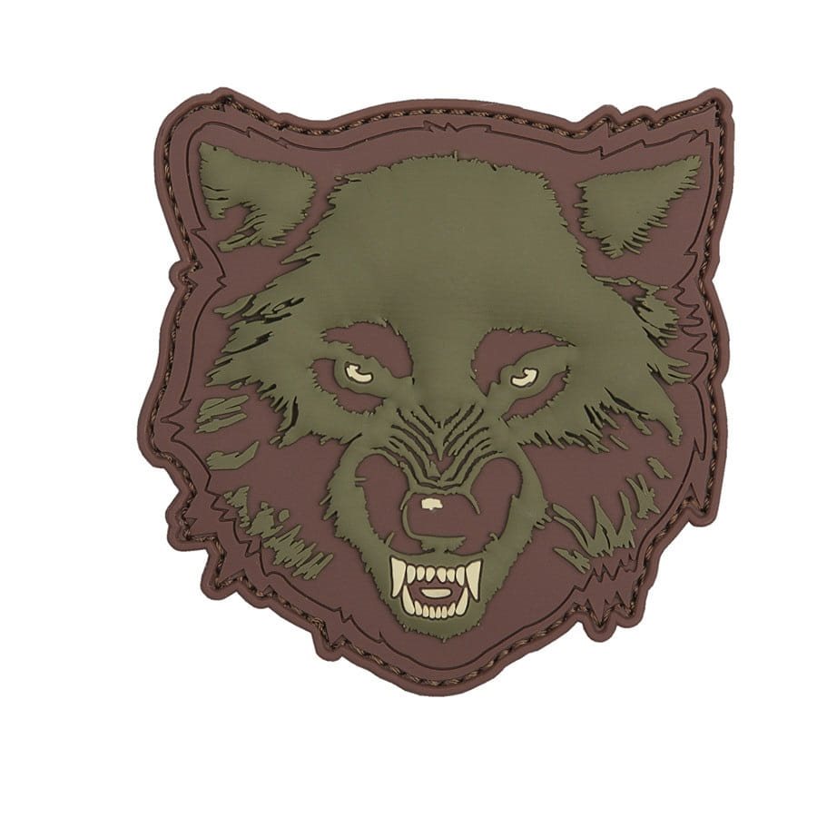 Parche 3D plástico lobo con ojos rojos y velcro, tamaño aprox. 8,5 x 9 cm
