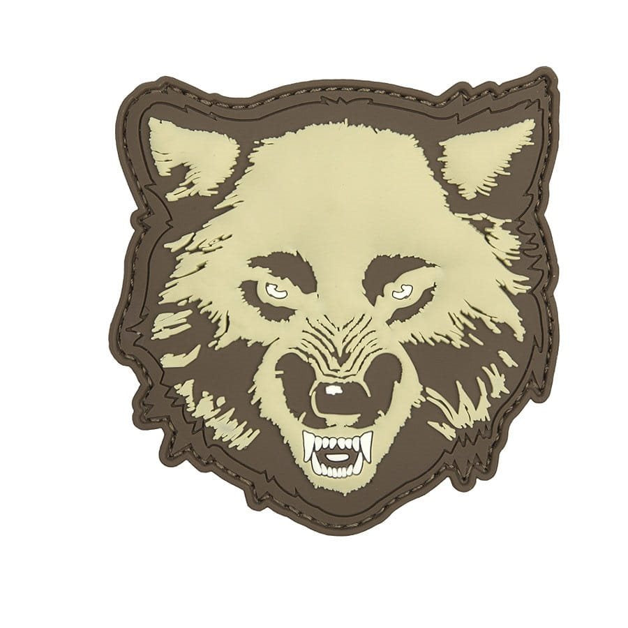 Parche 3D plástico lobo con ojos rojos y velcro, tamaño aprox. 8,5 x 9 cm