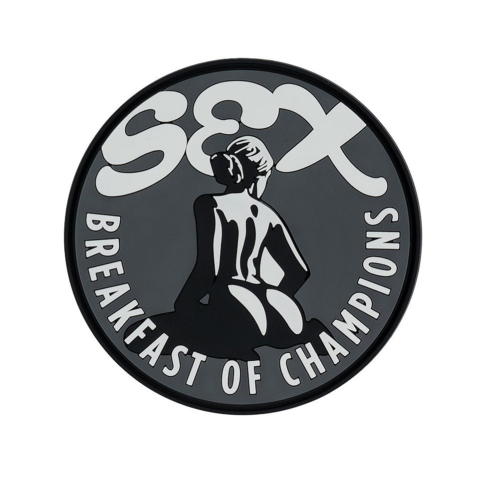 Parche 3D de plástico con texto 'Sex Breakfast of Champions' y respaldo para velcro
