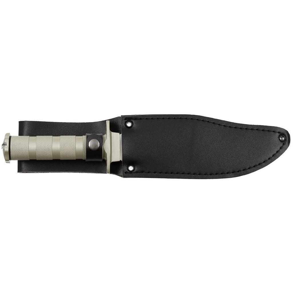 Cuchillo de supervivencia metálico plateado con funda y hoja de 17 cm