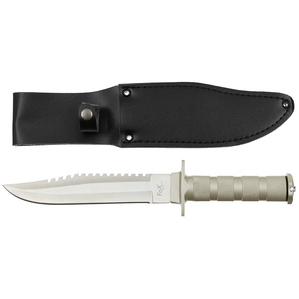 Cuchillo de supervivencia metálico plateado con funda y hoja de 17 cm