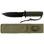 Cuchillo de hoja fija negro con mango de cuerda y funda de poliéster