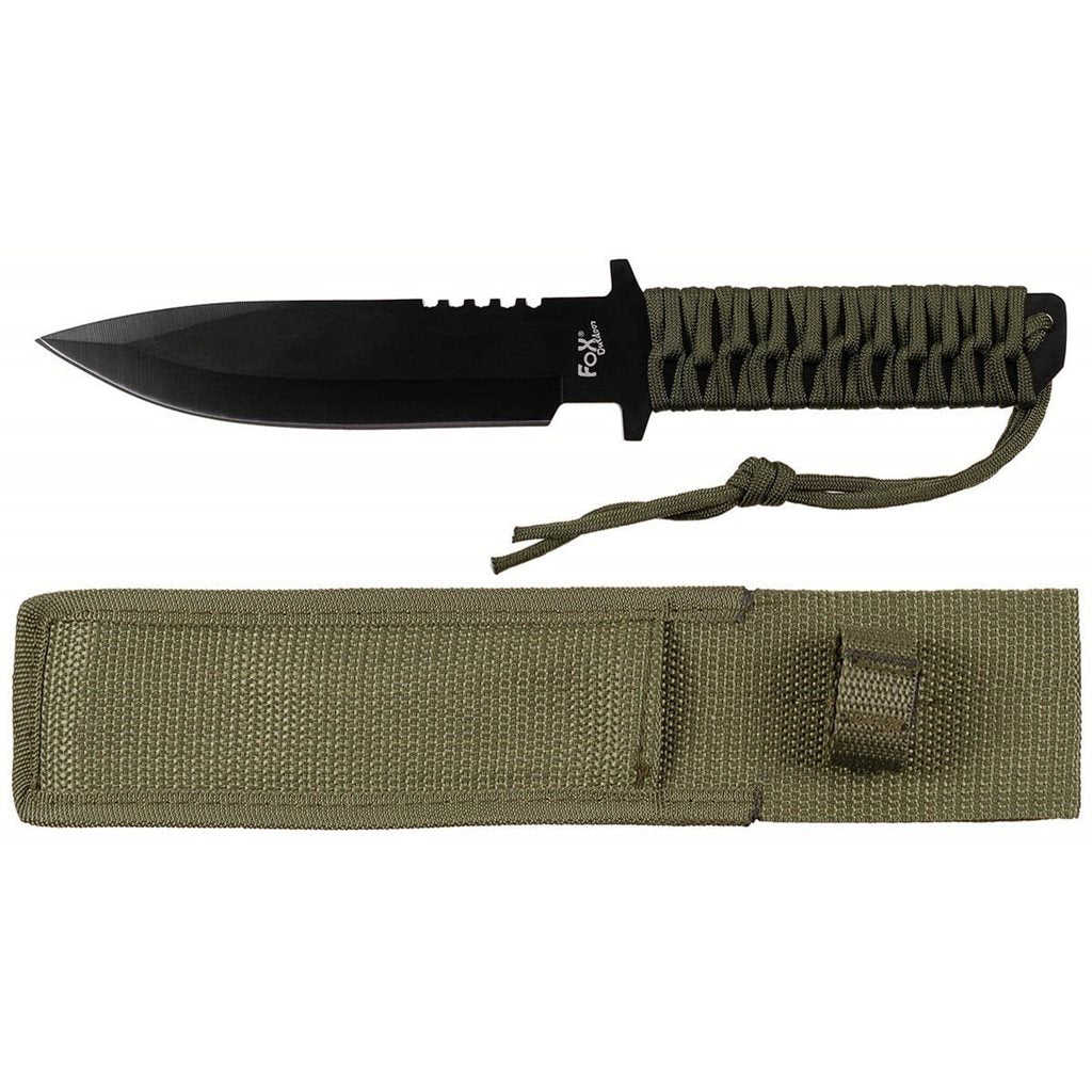 Cuchillo de hoja fija negro con mango de cuerda y funda de poliéster
