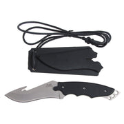 Cuchillo de hoja fija negro con cortador en la hoja y funda de plástico