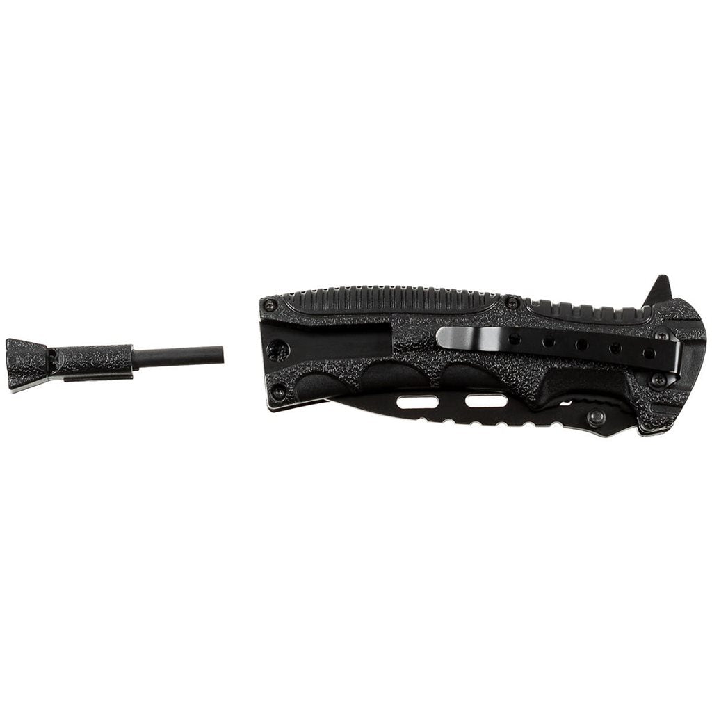 Navaja plegable EDC negra con pedernal de emergencia y silbato