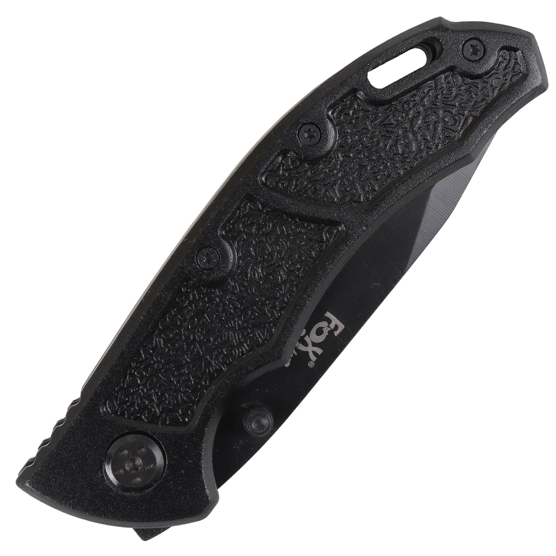 Navaja plegable FOX TANTO PILKA negra, hoja 8 cm, mango con goma y clip de cinturón