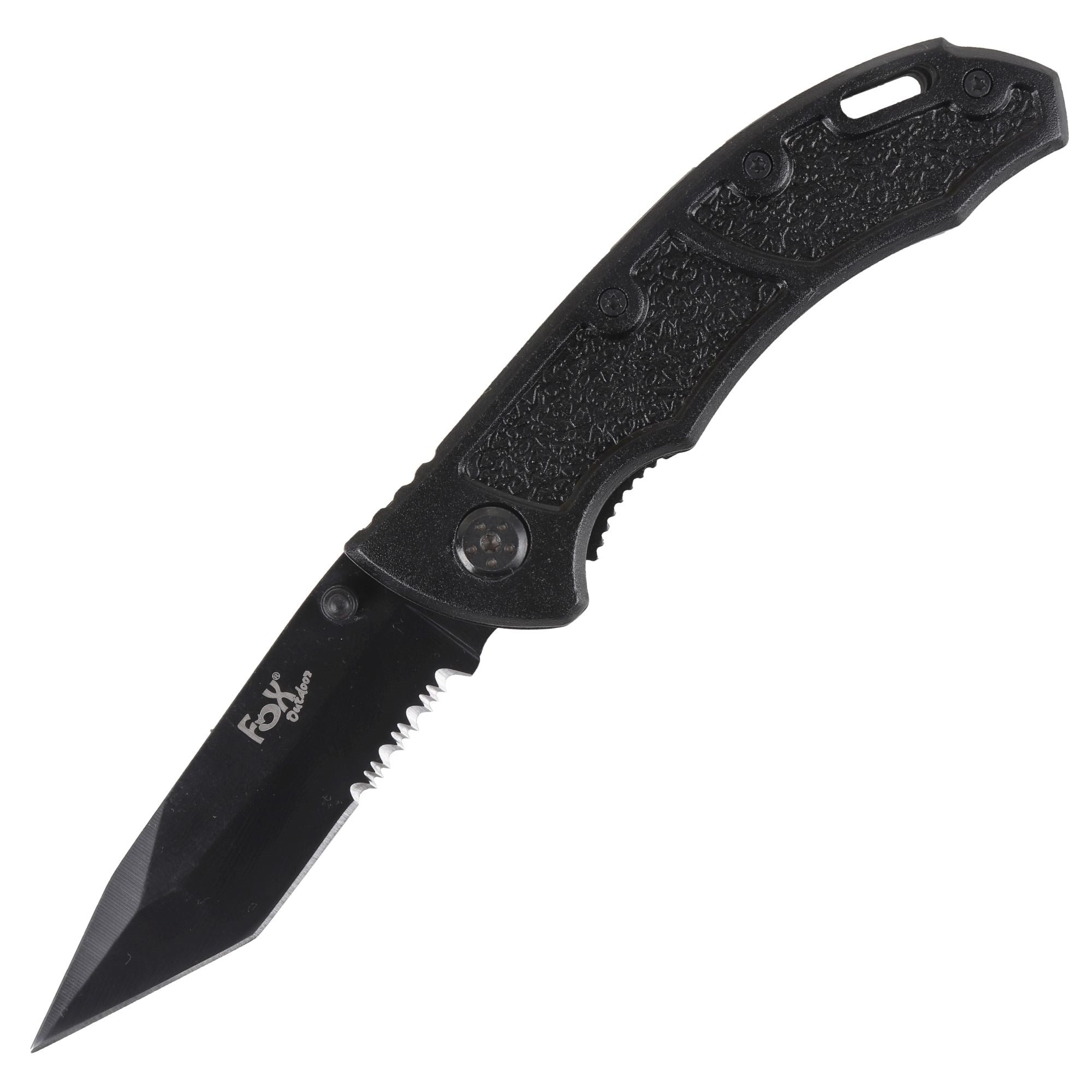 Navaja plegable FOX TANTO PILKA negra, hoja 8 cm, mango con goma y clip de cinturón