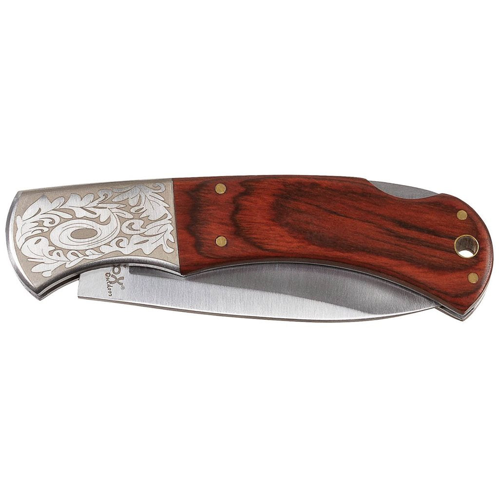 Navaja plegable marrón con mango de madera y ornamento; hoja de acero inoxidable 8,5 cm, longitud total 21 cm