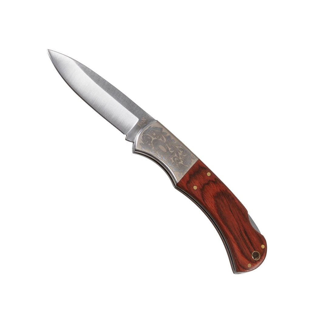 Navaja plegable marrón con mango de madera y ornamento; hoja de acero inoxidable 8,5 cm, longitud total 21 cm