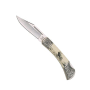 Cuchillo plegable decorativo con motivo de ciervo, 19 cm, hoja 8,5 cm, acero inoxidable, color blanco