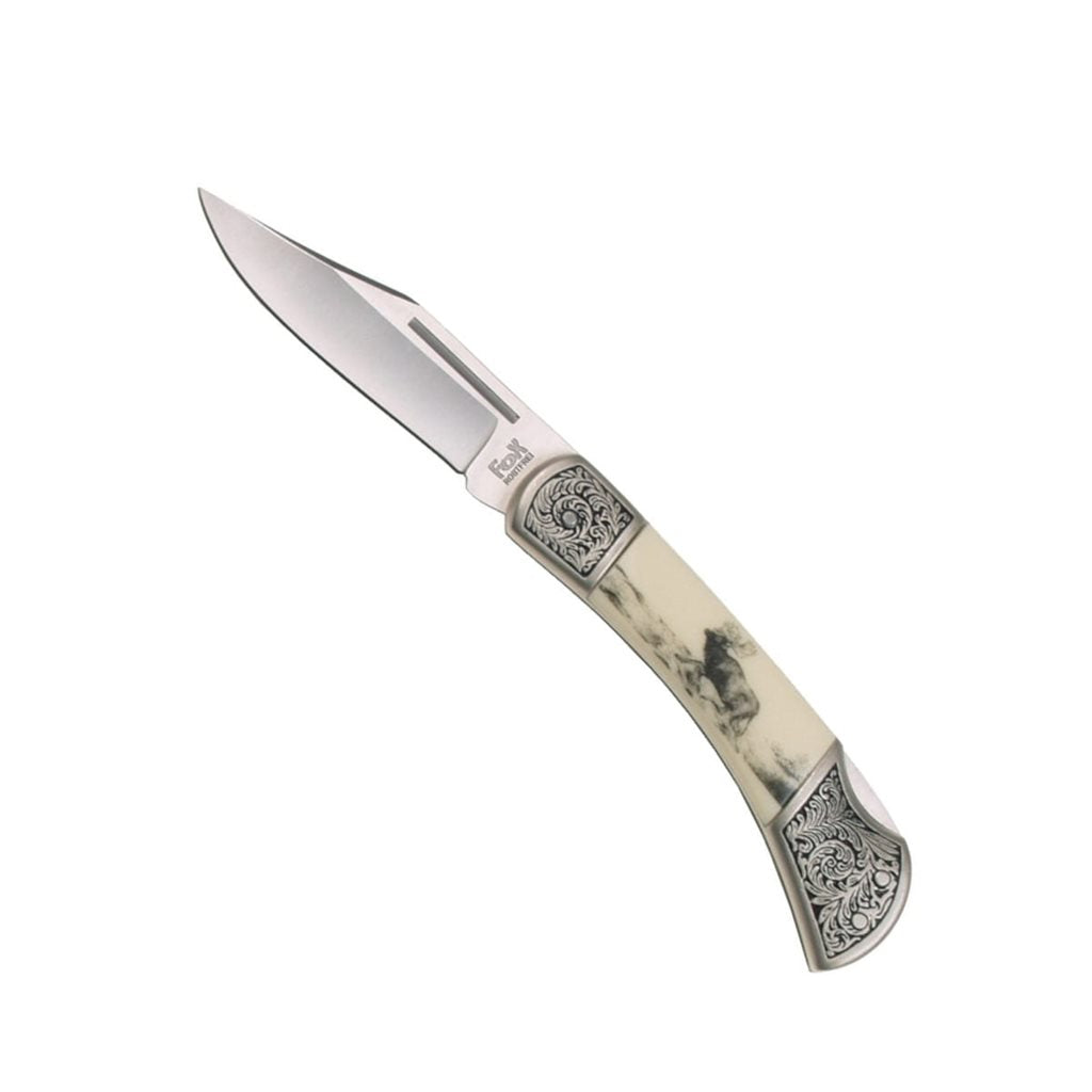 Cuchillo plegable decorativo con motivo de ciervo, 19 cm, hoja 8,5 cm, acero inoxidable, color blanco