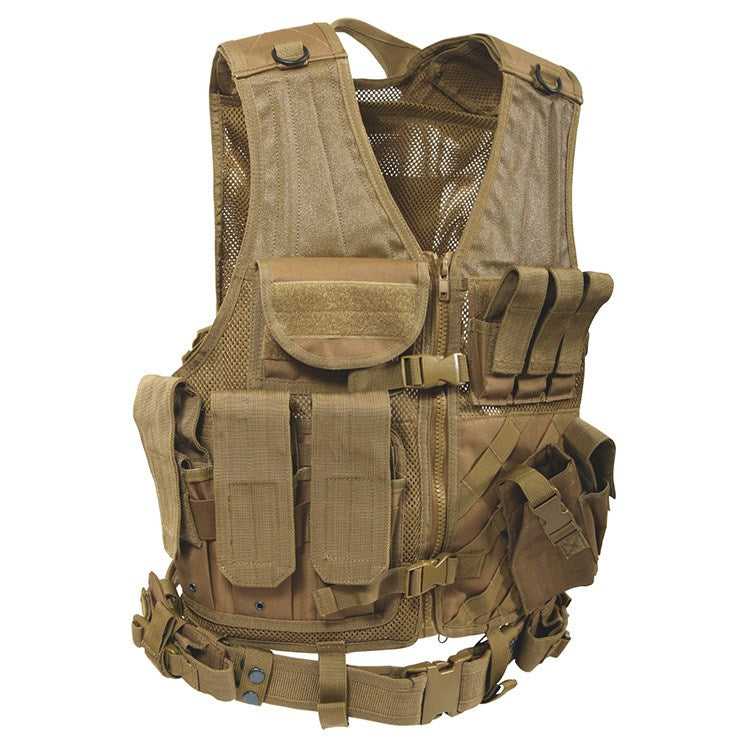 Chaleco táctico CROSS DRAW MOLLE mostrado frontalmente con sistema MOLLE y bolsillos