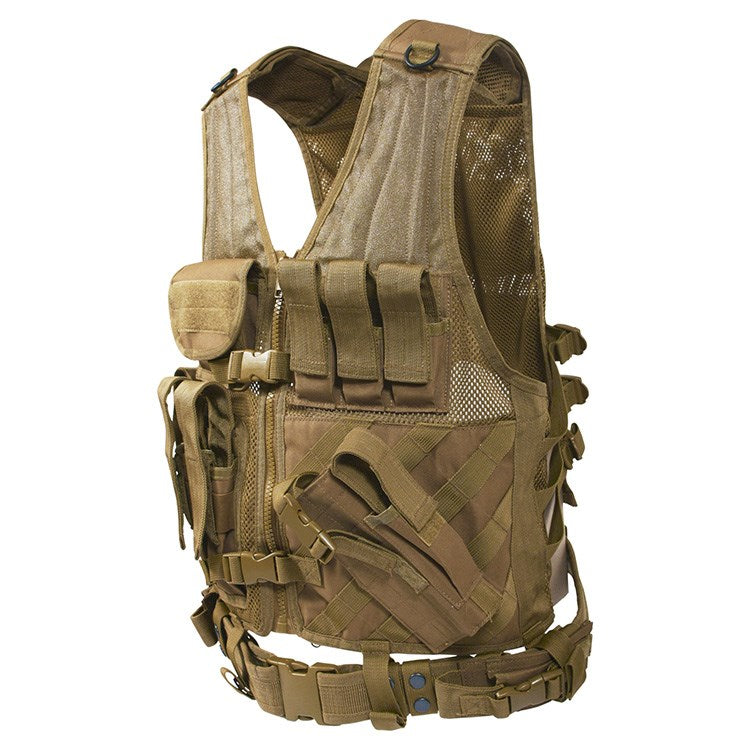 Chaleco táctico CROSS DRAW MOLLE mostrado frontalmente con sistema MOLLE y bolsillos