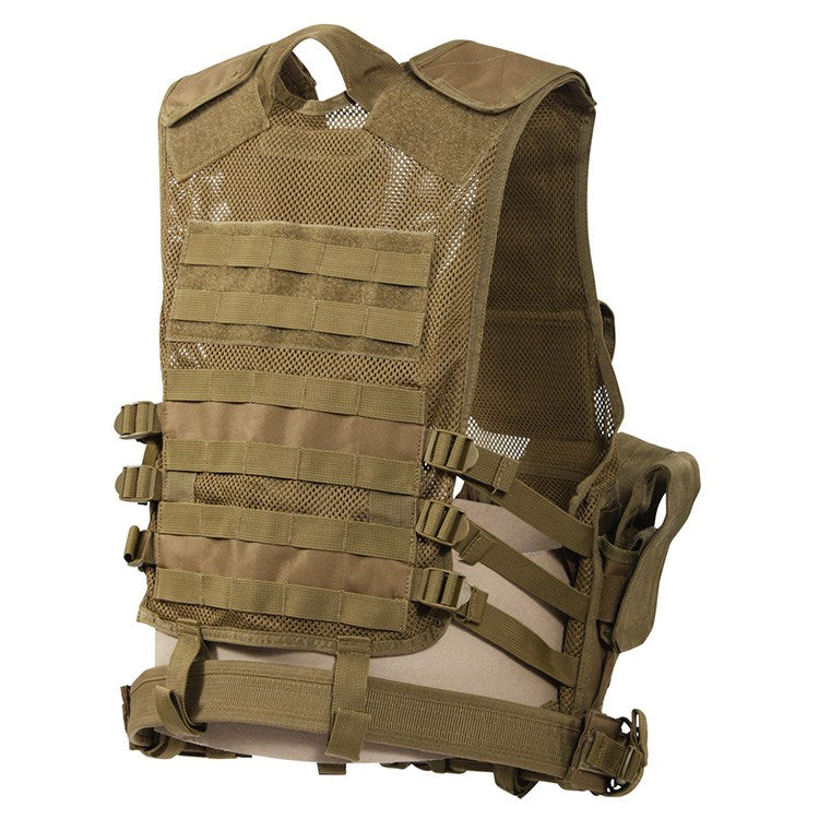 Chaleco táctico CROSS DRAW MOLLE mostrado frontalmente con sistema MOLLE y bolsillos