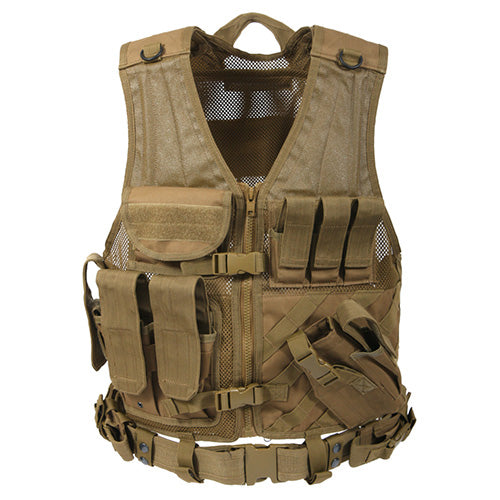 Chaleco táctico CROSS DRAW MOLLE mostrado frontalmente con sistema MOLLE y bolsillos