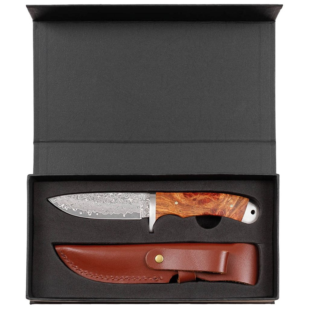 Cuchillo Damasco 71 capas con mango de madera y funda de cuero