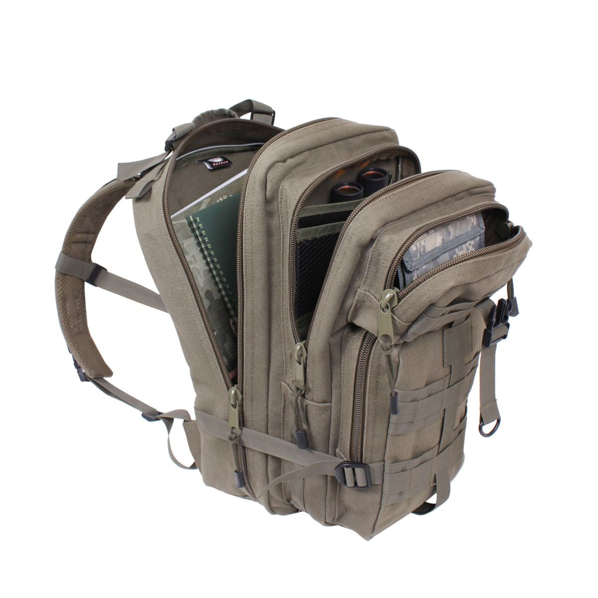 Mochila táctica TACTICANVAS GO PACK verde, 25 L, lona de algodón, tirantes y respaldo acolchados, bolsillos con cremallera