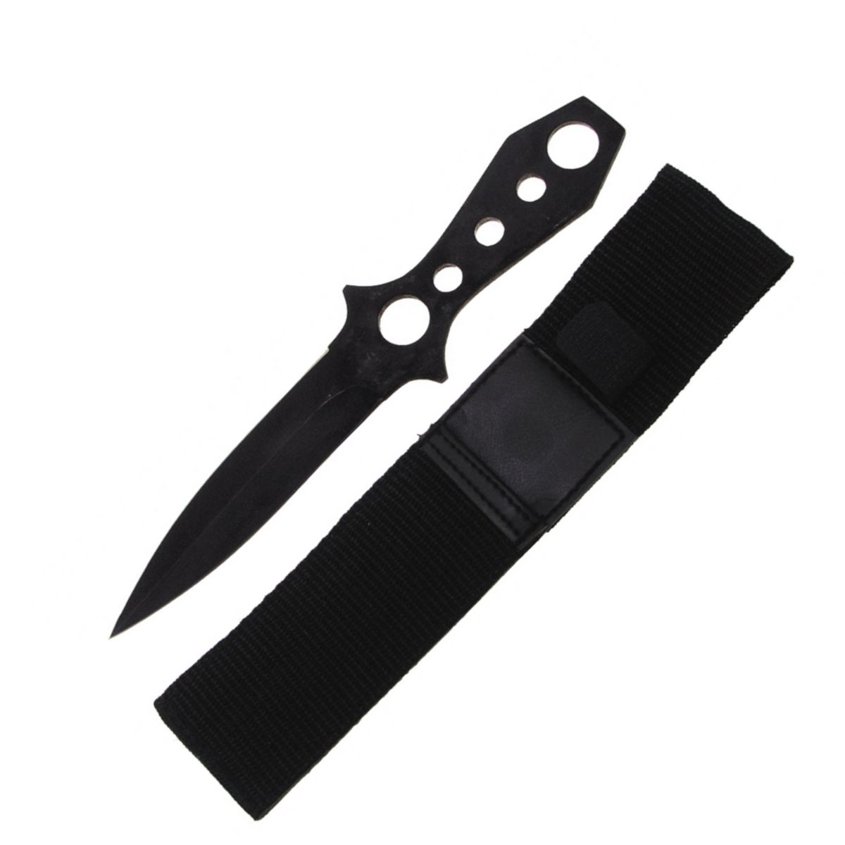 Cuchillo arrojadizo negro con funda de nylon, longitud total 22,5 cm, hoja 12 cm