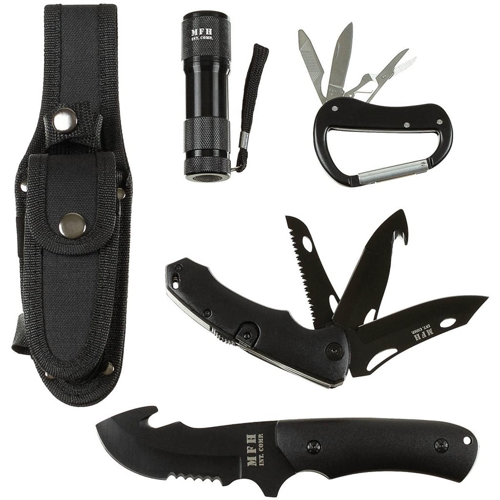 Set negro: cuchillo fijo, navaja, linterna y karabina