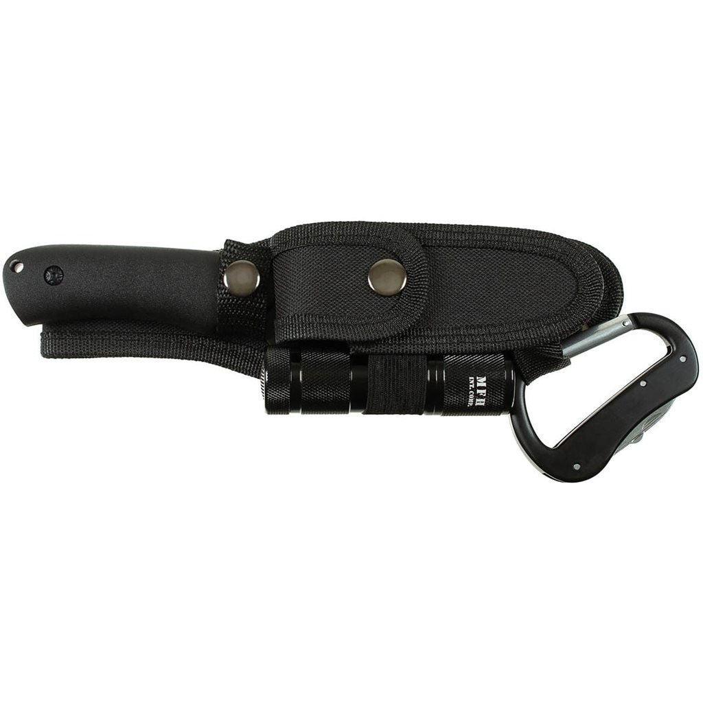 Set negro: cuchillo fijo, navaja, linterna y karabina