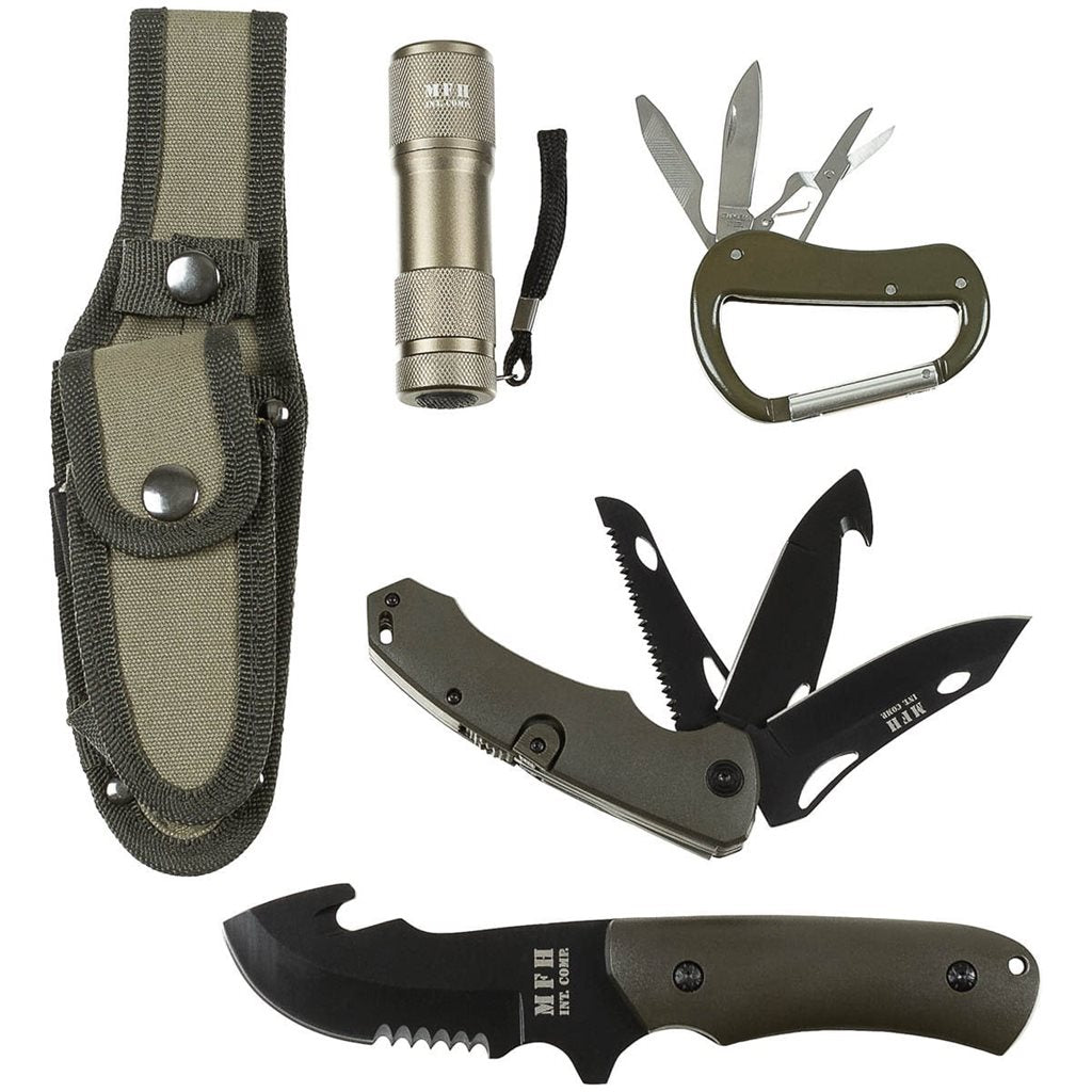 Set negro: cuchillo fijo, navaja, linterna y karabina