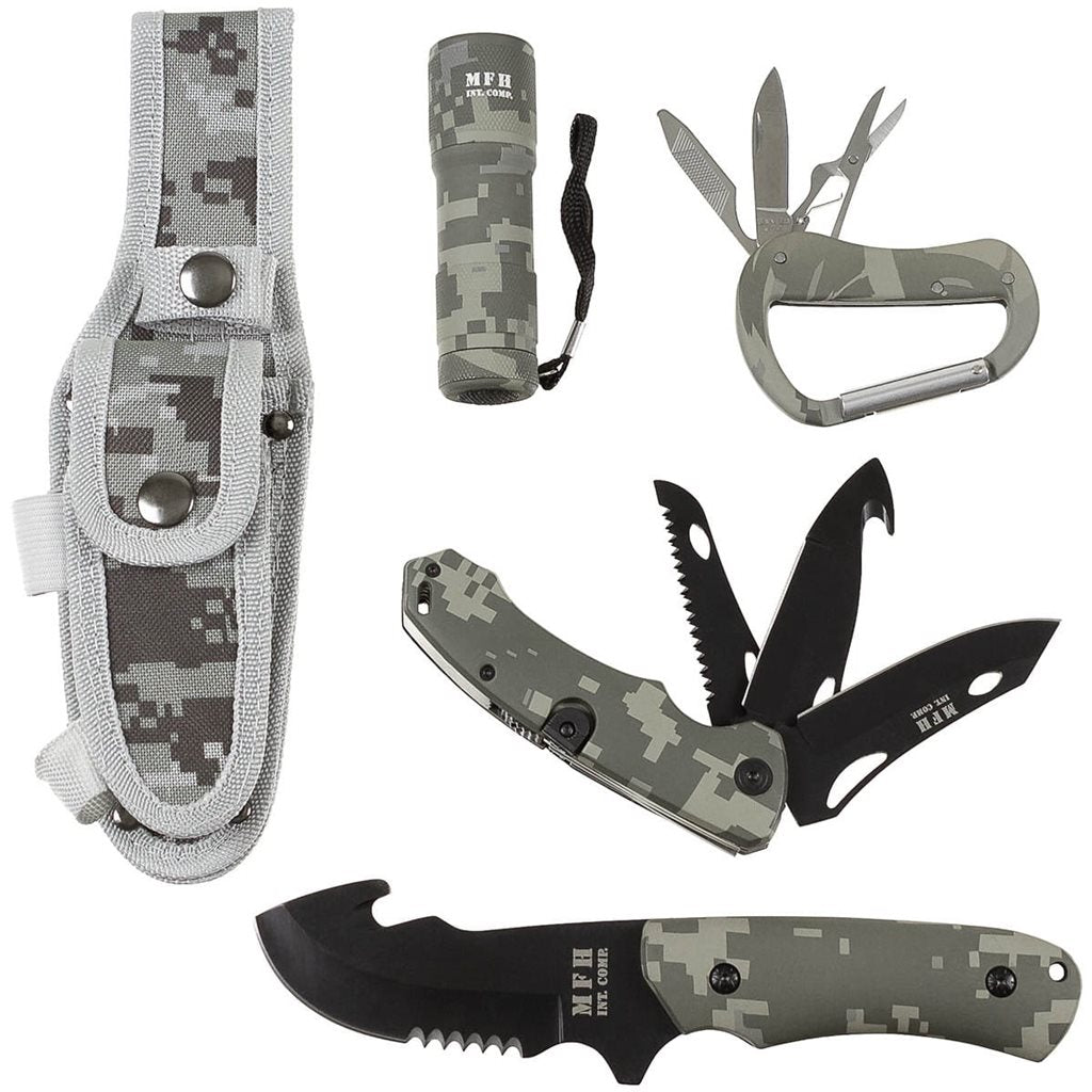 Set navaja fija, navaja plegable, linterna, mosqueton y funda ACU DIGITAL