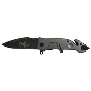 Navaja cerrable FOX 24 cm gris con hoja 10 cm, cortador de correas, rompecristales y clip para cinturón