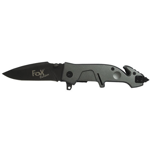 Navaja cerrable FOX 24 cm gris con hoja 10 cm, cortador de correas, rompecristales y clip para cinturón
