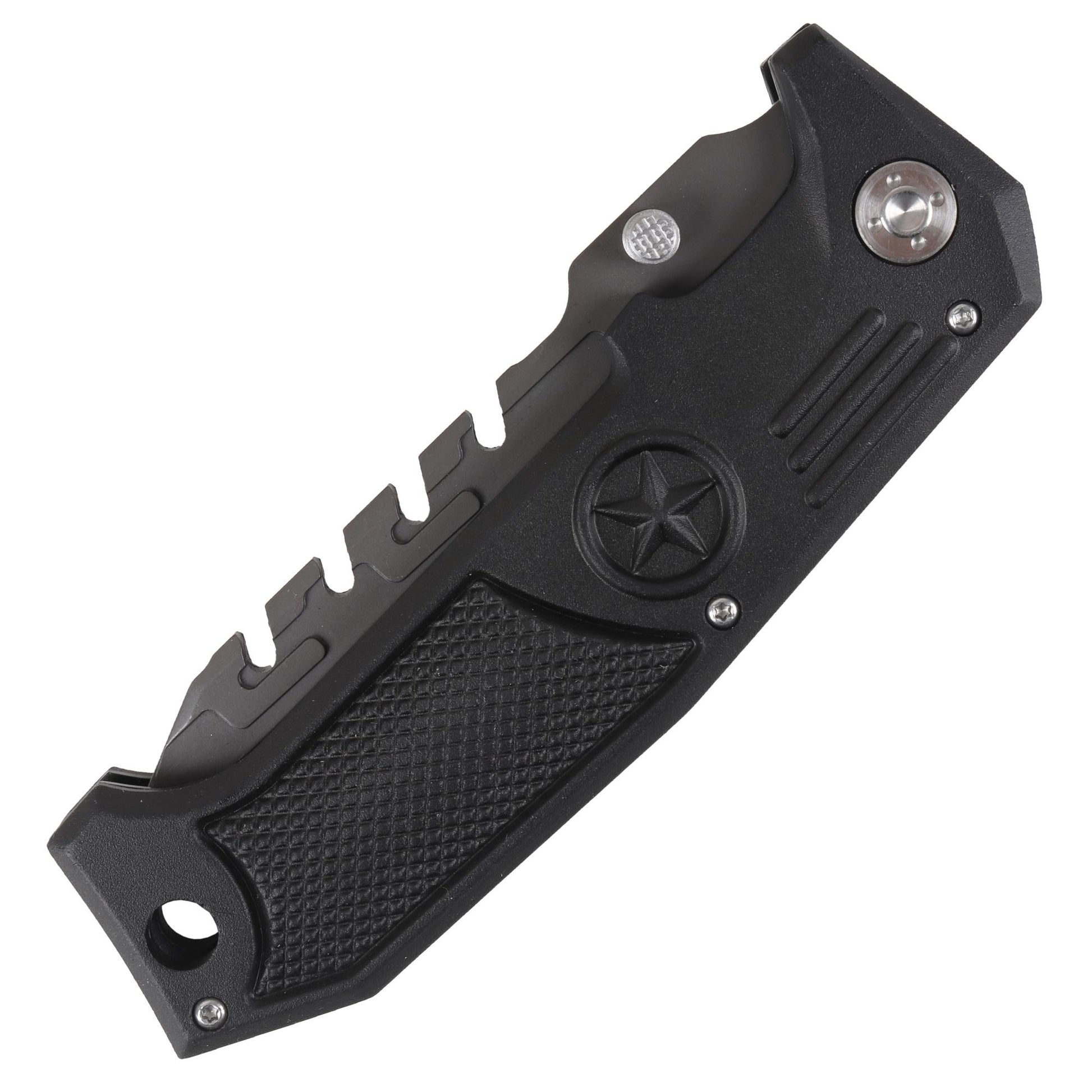 Navaja plegable FOX negra 23,5 cm, hoja 10 cm, filo superior dentado, clip de cinturón