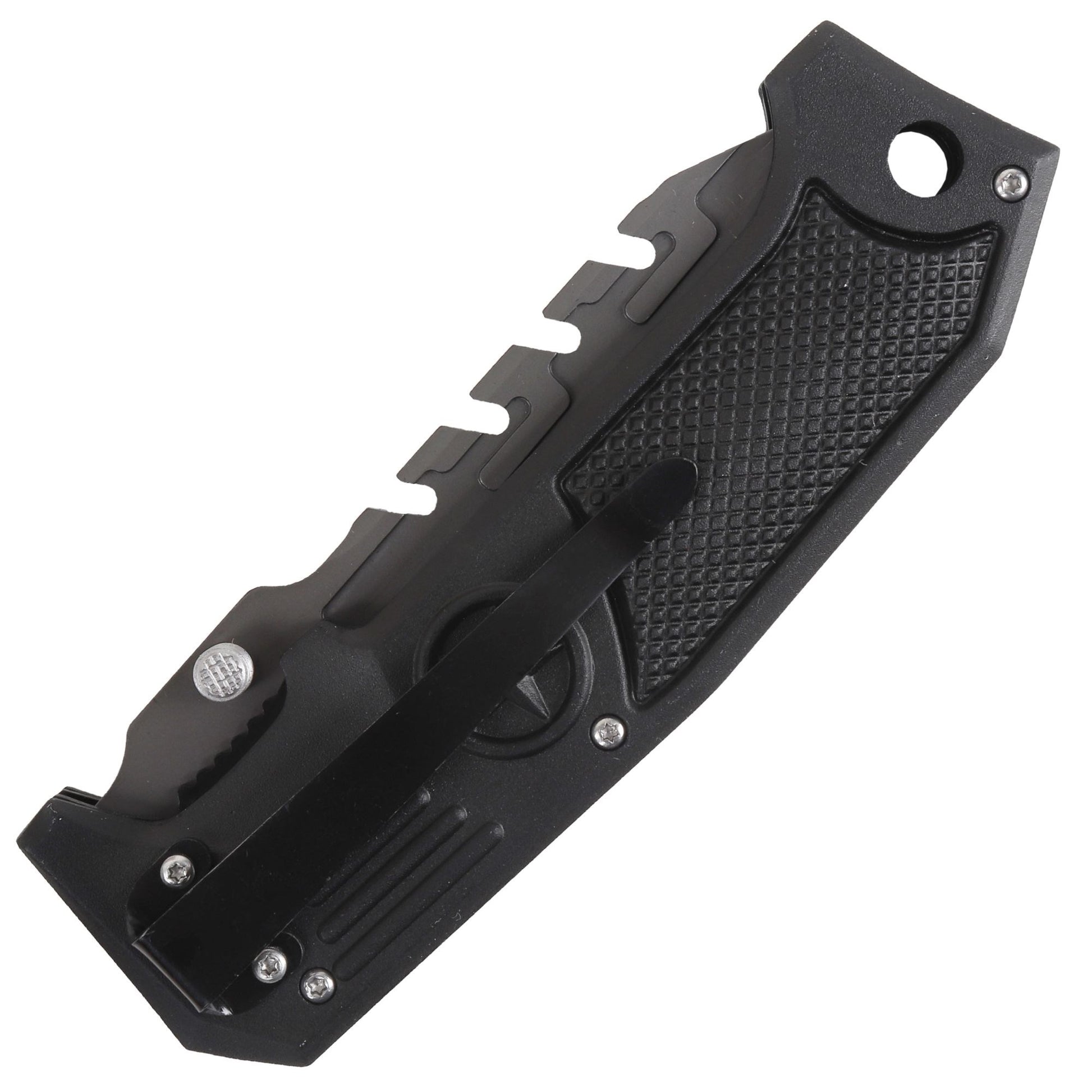 Navaja plegable FOX negra 23,5 cm, hoja 10 cm, filo superior dentado, clip de cinturón