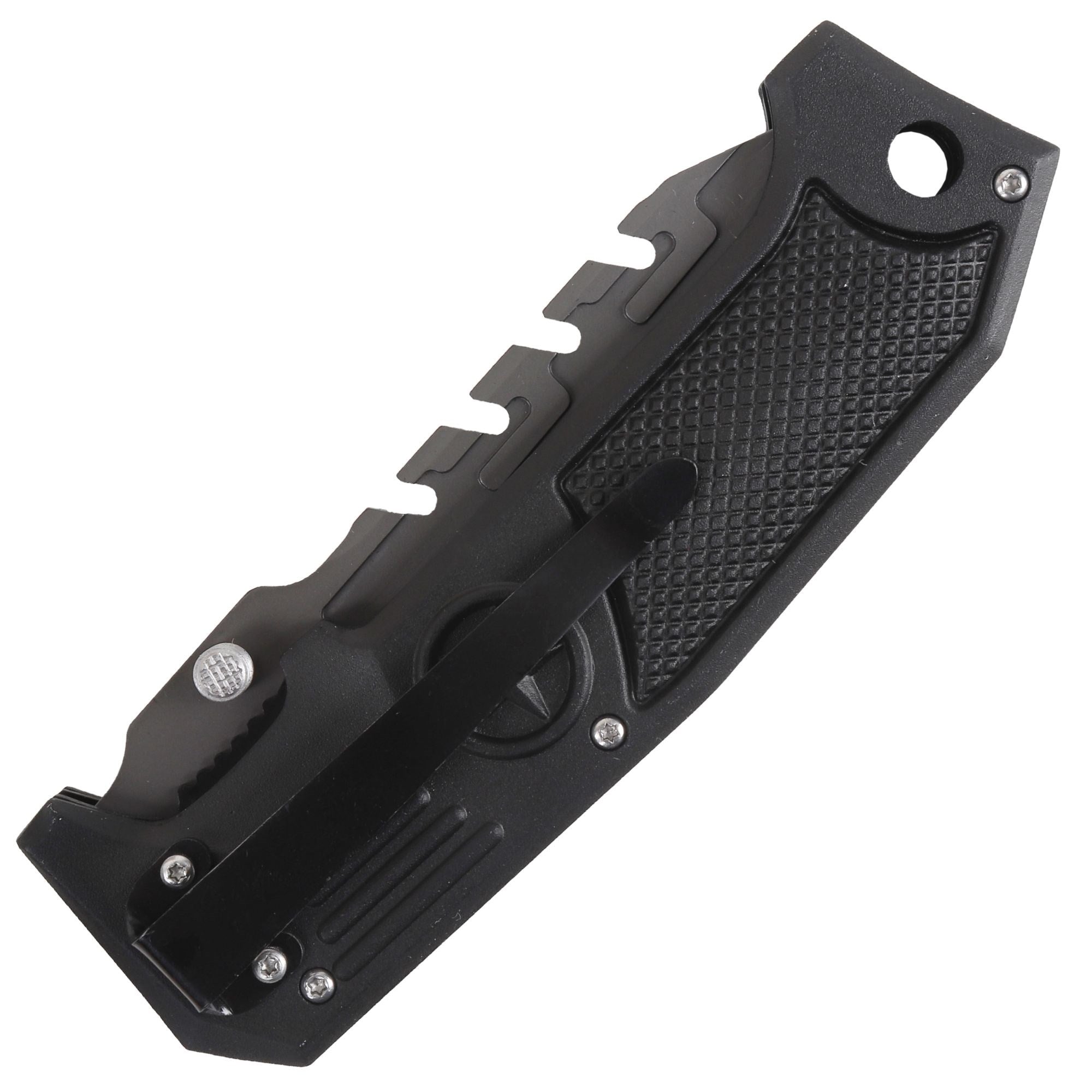 Navaja plegable FOX negra 23,5 cm, hoja 10 cm, filo superior dentado, clip de cinturón