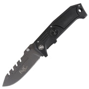 Navaja plegable FOX negra 23,5 cm, hoja 10 cm, filo superior dentado, clip de cinturón