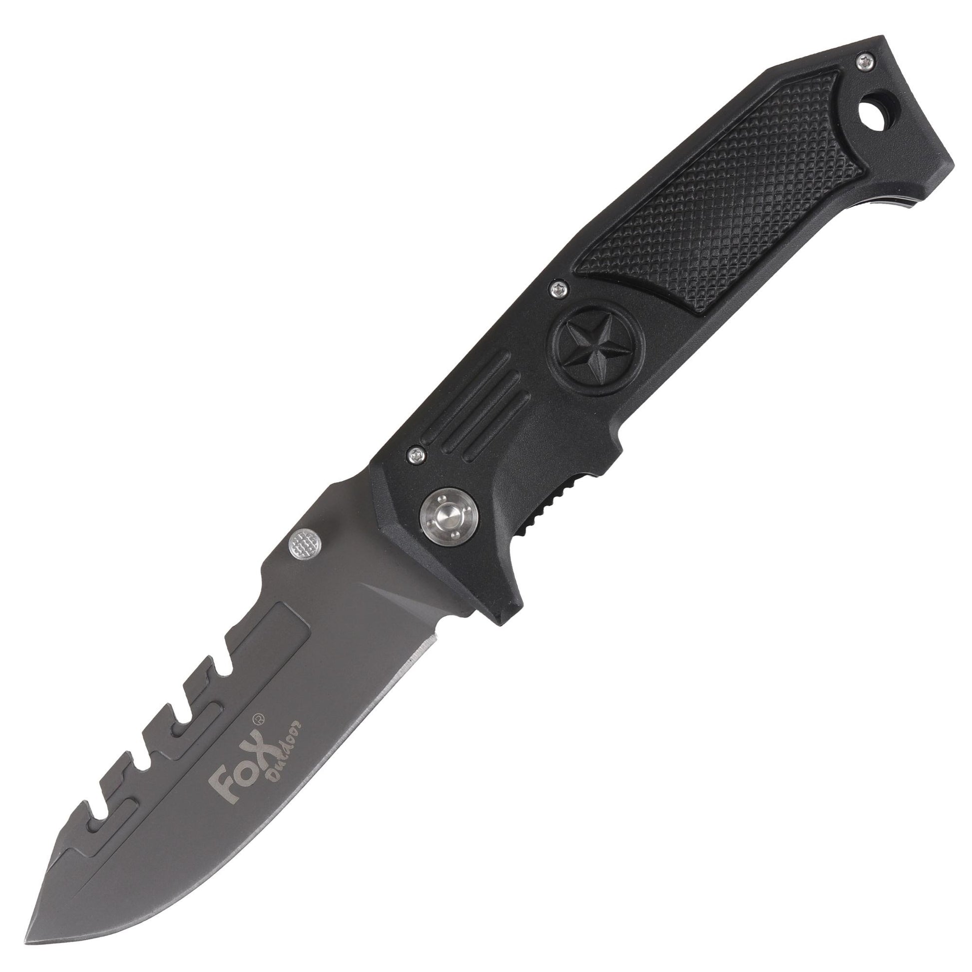 Navaja plegable FOX negra 23,5 cm, hoja 10 cm, filo superior dentado, clip de cinturón