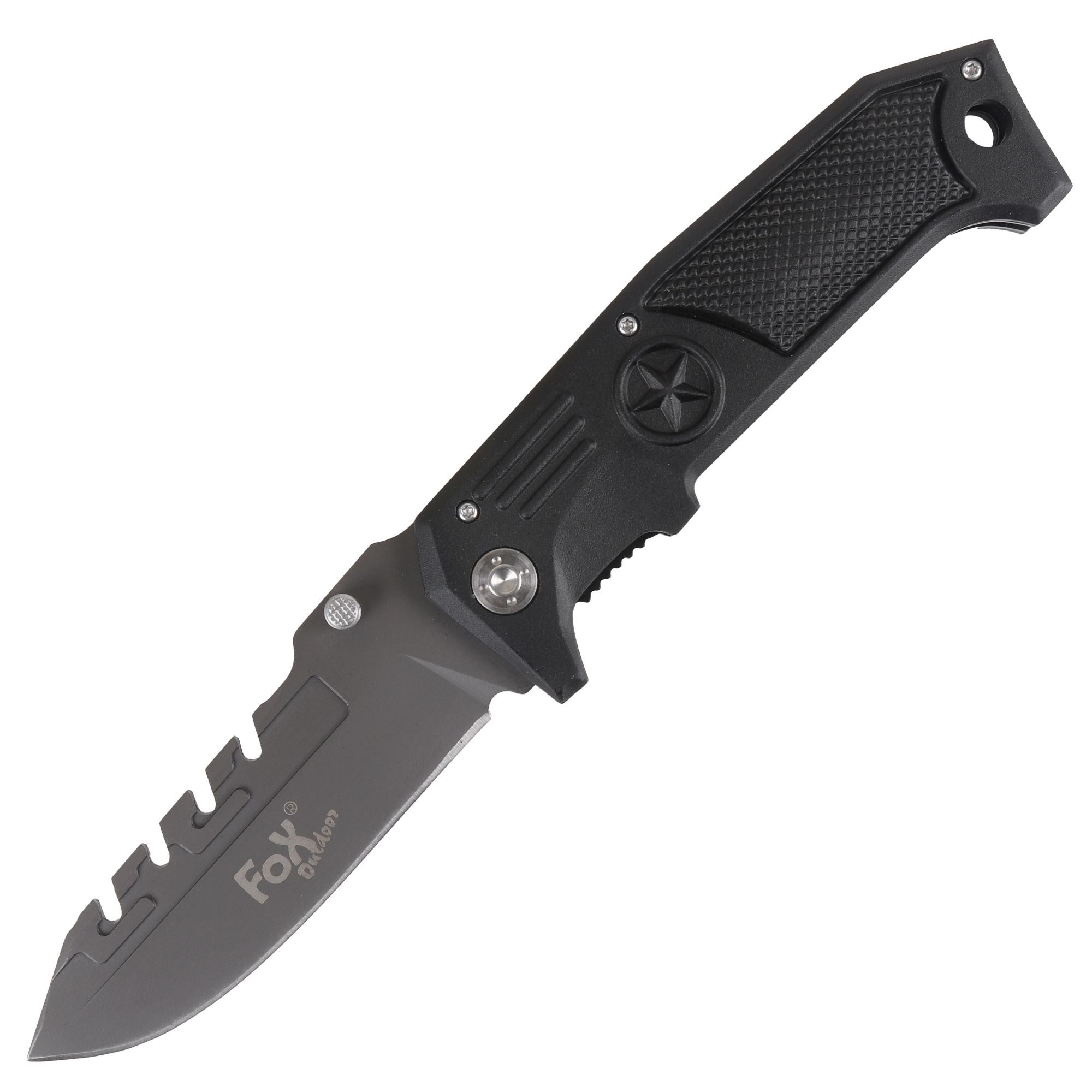 Navaja plegable FOX negra 23,5 cm, hoja 10 cm, filo superior dentado, clip de cinturón