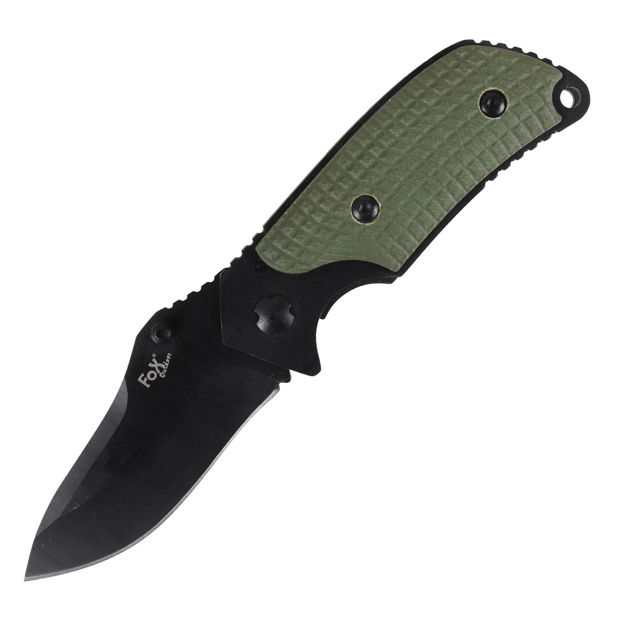 Navaja plegable con hoja ennegrecida y mango verde, clip para cinturón, hoja 8 cm, longitud 18,5 cm
