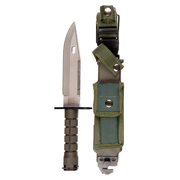 Bajoneta US M9 verde con filo dentado y funda con hebilla para cinturón