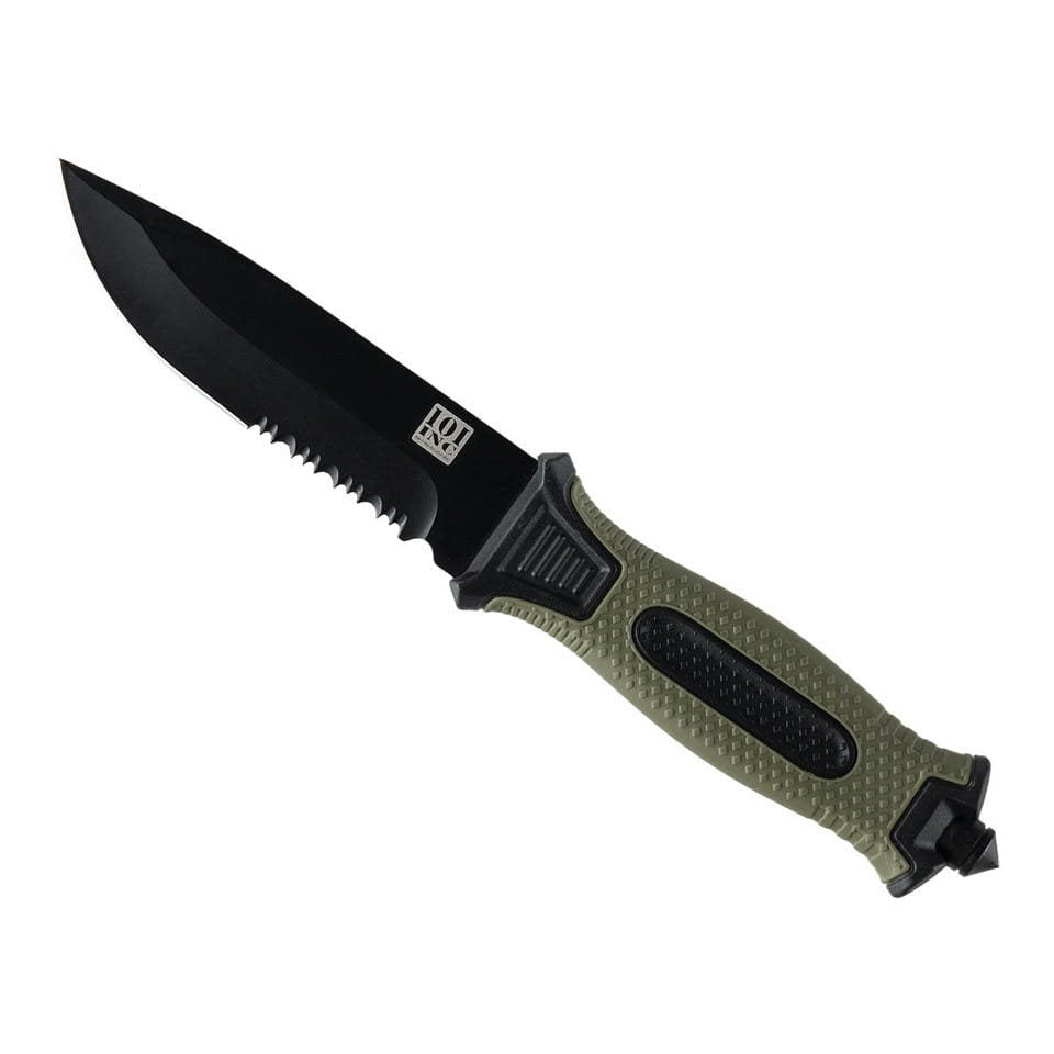 Cuchillo táctico de hoja fija con filo combinado y funda de plástico