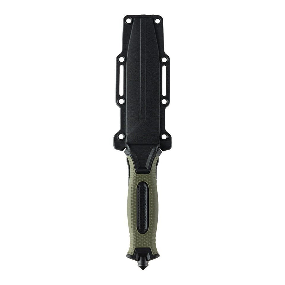 Cuchillo táctico de hoja fija con filo combinado y funda de plástico
