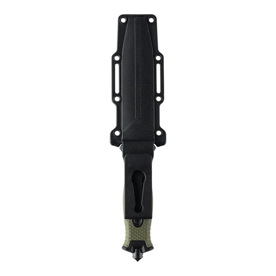 Cuchillo táctico de hoja fija con filo combinado y funda de plástico