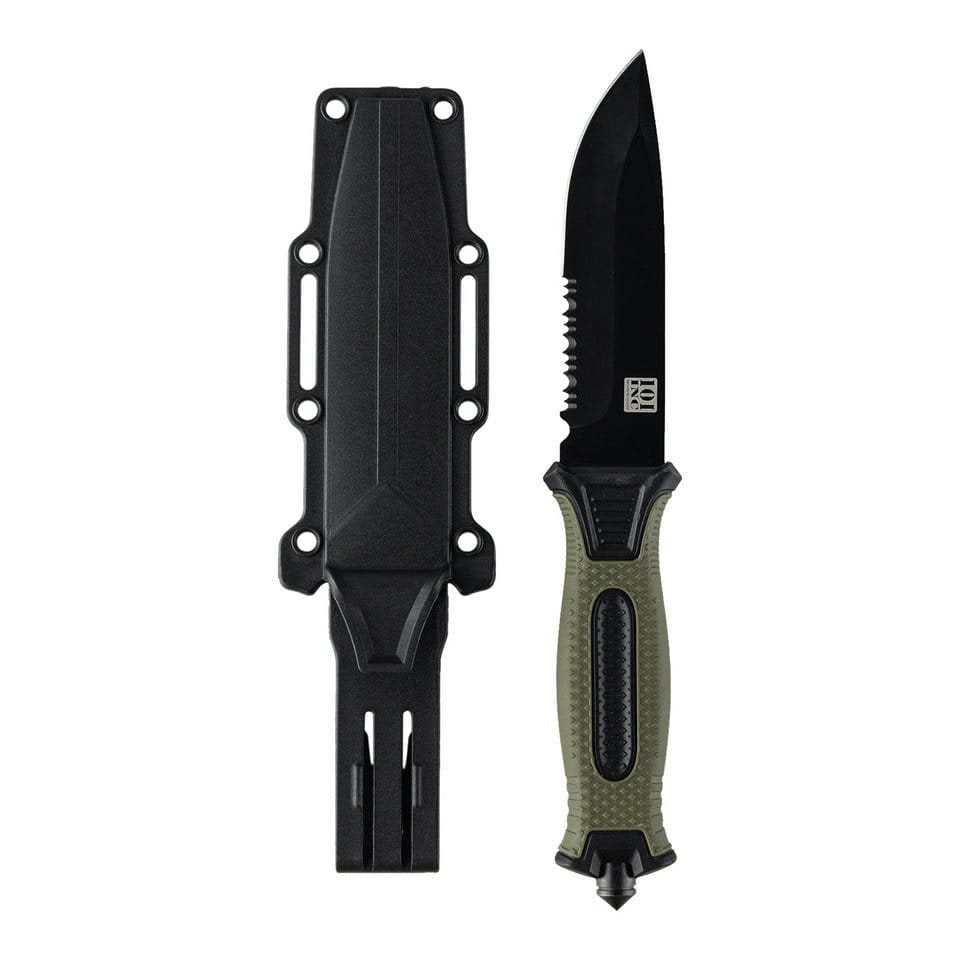 Cuchillo táctico de hoja fija con filo combinado y funda de plástico