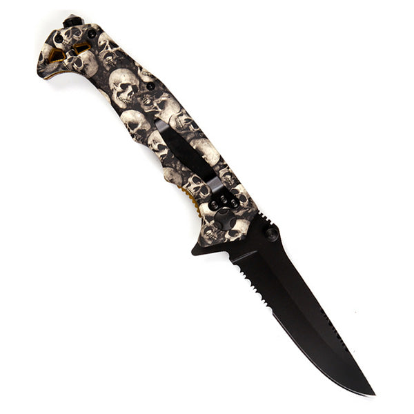 Cuchillo plegable LEBKY con hoja negra, filo combinado, rompecristales y clip; mango con motivo de calaveras