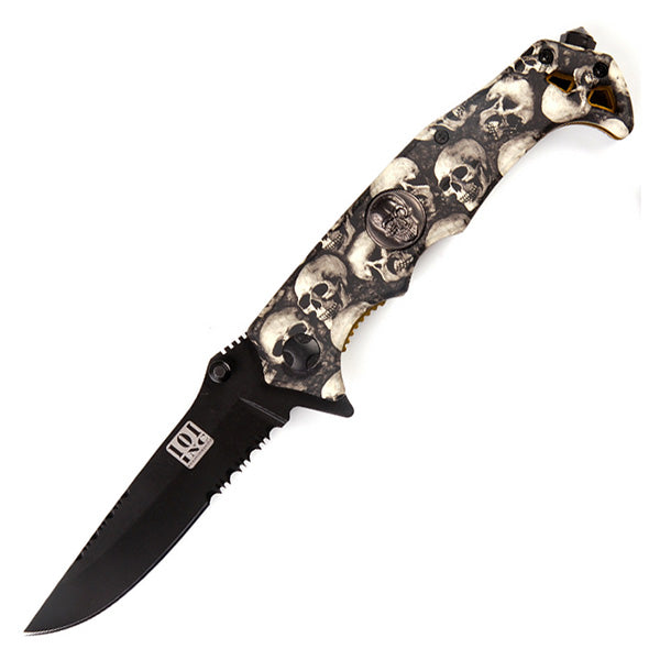 Cuchillo plegable LEBKY con hoja negra, filo combinado, rompecristales y clip; mango con motivo de calaveras