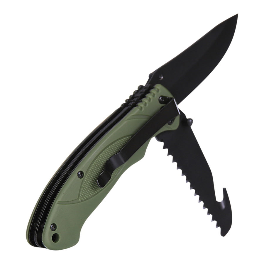 Navaja plegable BUSHCRAFT multifunción verde con hoja lisa, sierra de doble hilera y clip de bolsillo