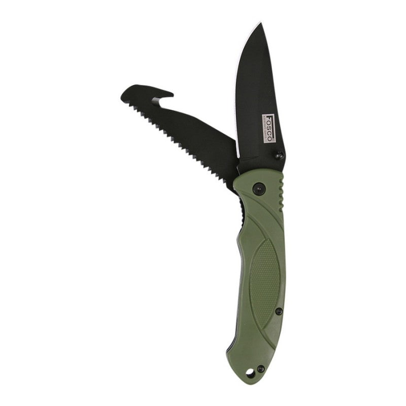 Navaja plegable BUSHCRAFT multifunción verde con hoja lisa, sierra de doble hilera y clip de bolsillo