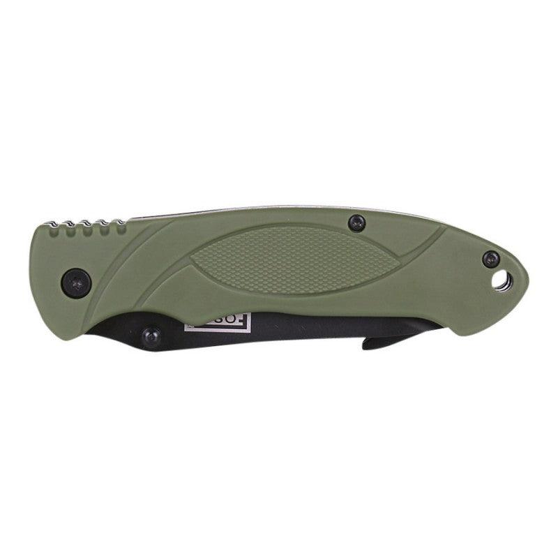 Navaja plegable BUSHCRAFT multifunción verde con hoja lisa, sierra de doble hilera y clip de bolsillo